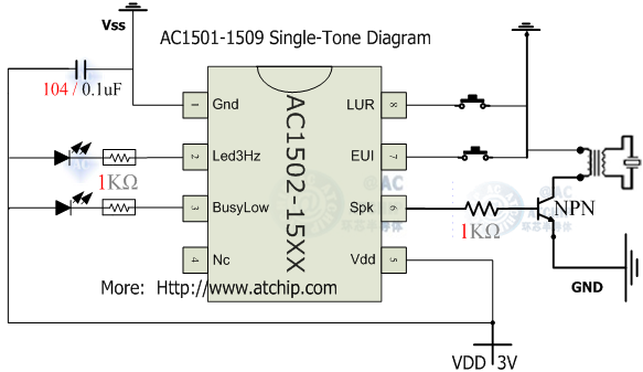 單音片系列鈴兒響叮當(dāng)音樂芯片應(yīng)用電路: