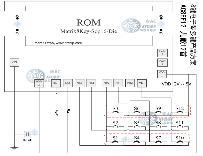 音樂芯片裸片大小規(guī)格和多鍵和弦音樂矩陣八鍵玩具芯片接線原理圖